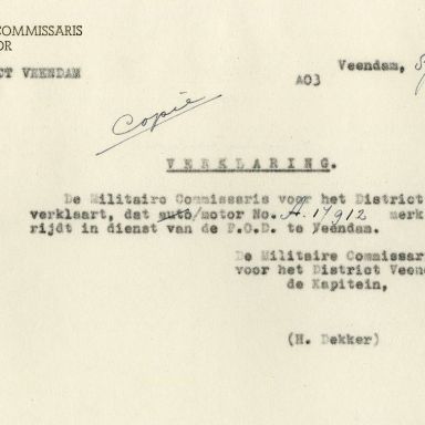 Kenteken: A 17912; Ariël, verklaring uit het archief van het Militair Gezag, DMC Veendam, 08-06-1945 (66-71)