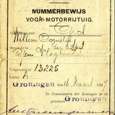 Kenteken: A 13225; Nummerbewijs, bijlage bij de registers van afgifte van nummerbewijzen (800-6159)