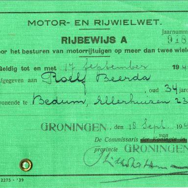 Kenteken: A 21204; Rijbewijs Roelf Beerda 1942, Collectie OVCG 2220-250