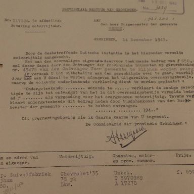 Kenteken: A 17278; Betaling gevorderde vrachtwagen 14-12-1943 uit archief Gem. Wedde (2220-286) foto: T. Groenewold