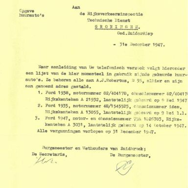 Kenteken: A 3031; Registratie Huurauto's 1947, bron: gemeentearchief Menterwolde (HSS-MW-MFP05)