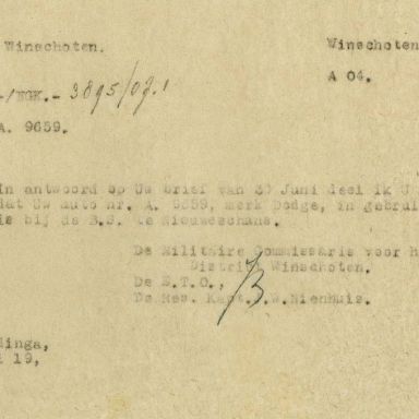 Kenteken: A 9659; Dodge, brief uit het archief van het Militair Gezag, DMC Winschoten, 03-07-1945 (67-84)