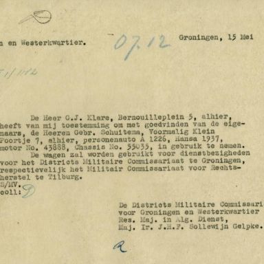 Kenteken: A 1226; Toestemming gebruik Hansa uit het archief van het Militair Gezag, DMC Groningen, 15-05-1945 (65-48)
