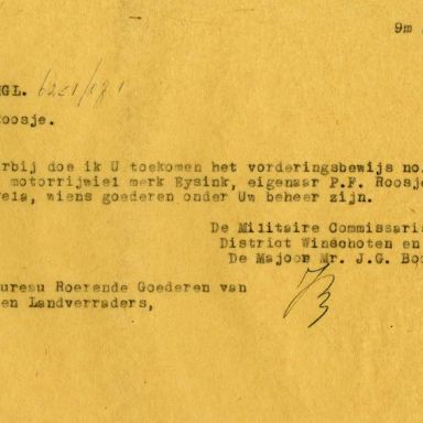 Kenteken: A 30498; Vorderingsbewijs Eysink uit het archief van het Militair Gezag, DMC Winschoten, 09-08-1945 (67-84)