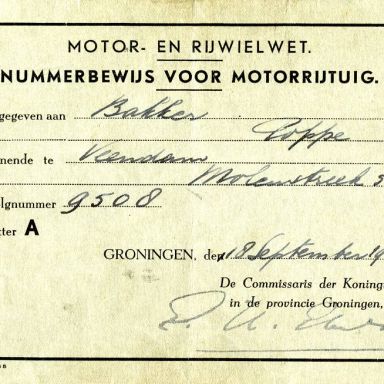 Kenteken: A 9508; Nummerbewijs uit archief Stel- en automakerij Bakker (2265-11)