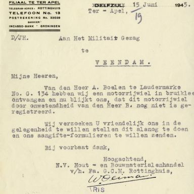 Kenteken: A 30065; Registratieverzoek motorrijwiel, 15-06-1945, uit het archief van het Militair Gezag, DMC Veendam (66-69)