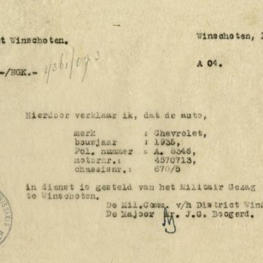 Kenteken: A 8346; Verklaring in dienst stelling Chevrolet uit het archief van het Militair Gezag, DMC Winschoten, 16-07-1945 (67-85)
