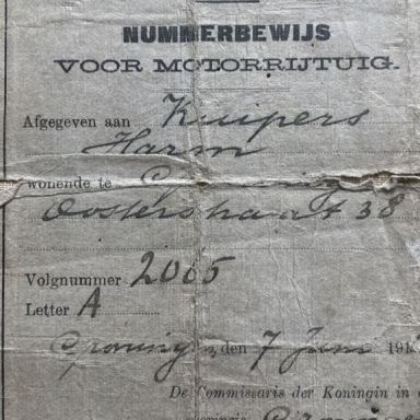 Kenteken: A 2065; Nummerbewijs, foto: H. Kuipers