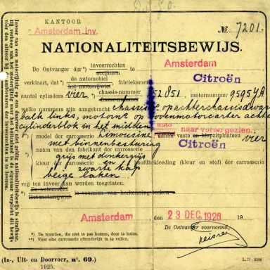 Kenteken: A 26356; Nationaliteitsbewijs Citroën 1926, foto: H.J. Dijkhuizen
