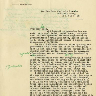 Kenteken: A 18868; Correspondentie over de Opel uit archief van het Militair Gezag, Provinciale Militaire Commissaris, 07-09-1945 (63-167)