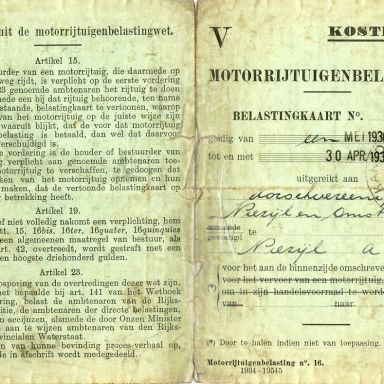 Kenteken: A 22216; Belastingkaart voor de Deutz tractor, uit archief Dorsvereniging Niezijl e.o. (1920-6)