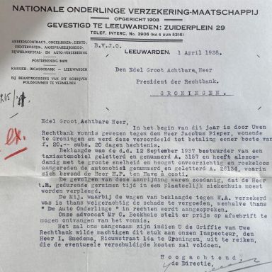 Kenteken: A 3157; Verzoek afschrift vonnis van veroorzaker ongeluk tussen automobielen A-3157 en A-26134, 01-04-1938 uit archief Arrondissementsrechtbank van Groningen (883-479)