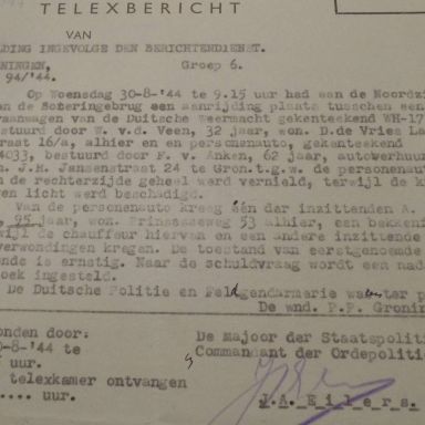Kenteken: A 4033; Telexbericht 30-08-1944, uit archief gemeente Wedde, foto: T. Groenewold