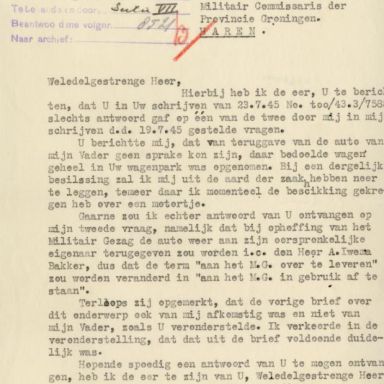 Kenteken: A 33573; Correspondentie over de motorfiets uit het archief van het Militair Gezag, Provinciale Militaire Commissaris, 29-07-1945 (63-167)