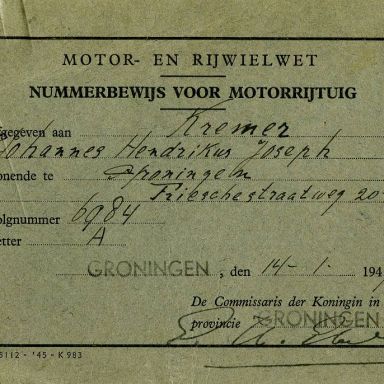 Kenteken: A 6984; Nummerbewijs, bijlage bij de registers van afgifte van nummerbewijzen (800-6159)