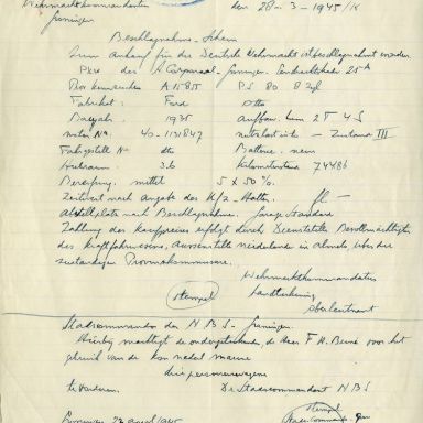 Kenteken: A 15855; Afschrift vordering Ford door de Duitse Wehrmacht en toestemming vordering N.B.S. uit archief van het Militair Gezag, Provinciale Militaire Commissaris, 22-04-1945 (63-167)