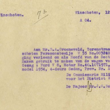 Kenteken: A 16622; Rijvergunning Ford uit het archief van het Militair Gezag, DMC Winschoten, 12-06-1945 (67-85)