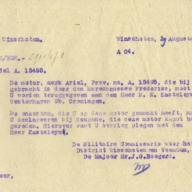 Kenteken: A 15495; Ariël, brief uit het archief van het Militair Gezag, DMC Winschoten, 29-08-1945 (67-84)