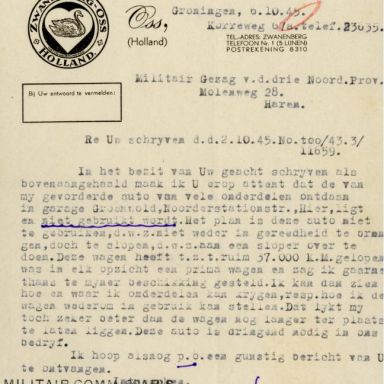 Kenteken: A 31365; Correspondentie over de Chevrolet uit het archief van het Militair Gezag, Provinciale Militaire Commissaris, 06-10-1945 (63-167)