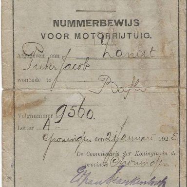 Kenteken: A 9560; Nummerbewijs, foto: E.Laar- Zandt