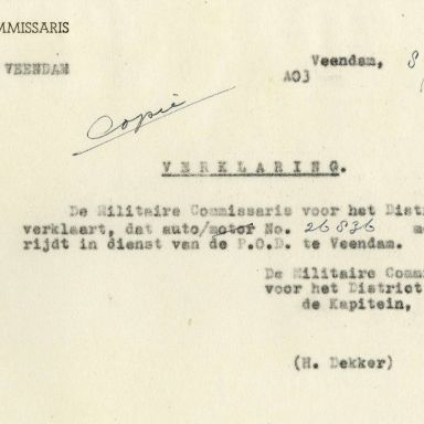 Kenteken: A 26836; Opel, verklaring uit het archief van het Militair Gezag, DMC Veendam, 08-06-1945 (66-71)