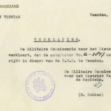 Kenteken: A 3847; Triumph, verklaring uit het archief van het Militair Gezag, DMC Veendam, 02-07-1945 (66-71)