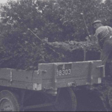 Kenteken: A 38303; Volle aanhangwagen van een tractor, foto: still uit "Dorpsfilm Bedum" Deel I, J.W.L. Adolfs, 1953, coll. GrA (2209-7567)
