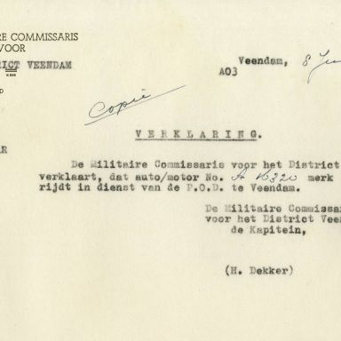 Kenteken: A 16320; DKW, verklaring uit het archief van het Militair Gezag, DMC Veendam, 08-06-1945 (66-71)
