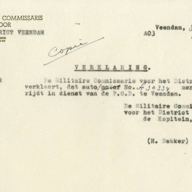 Kenteken: A 30334; DKW, verklaring uit het archief van het Militair Gezag, DMC Veendam, 08-06-1945 (66-71)