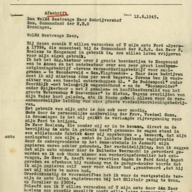 Kenteken: A 17356; Ford, verzoek teruggave K.P. Boon, uit het archief van het Militair Gezag, DMC Veendam, 12-06-1945 (66-71)
