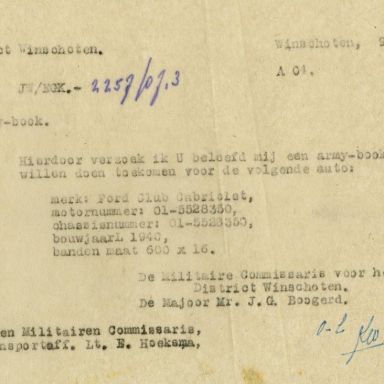Kenteken: A 7658; Verzoek 'Armybook' Ford uit het archief van het Militair Gezag, DMC Winschoten, 09-06-1945 (67-85)