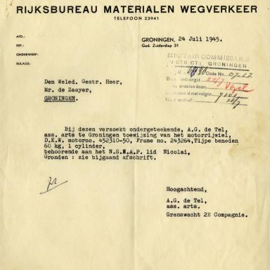 Kenteken: A 33646; Correspondentie over de DKW motor uit het archief van het Militair Gezag, DMC Groningen, 24-07-1945 (65-48)